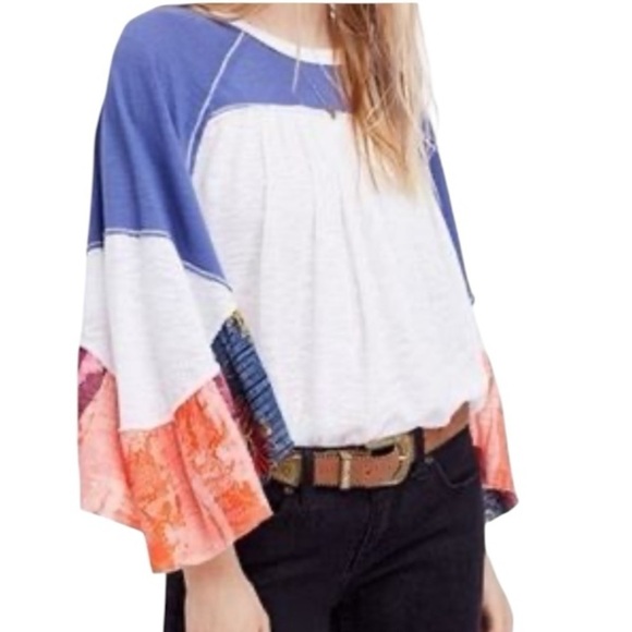 We The Free Tops - Free People Batwing Oversized Flowy Boho Color Block w/Florals Raw Hem Size L